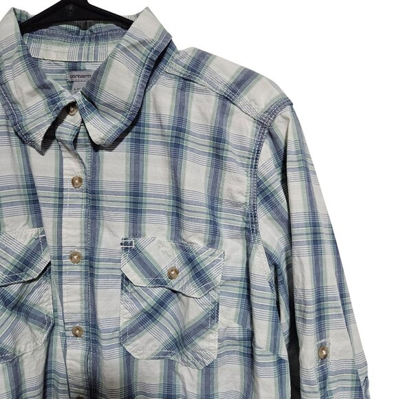 Carhartt Button Up Shirt Womens Size Large Blue White Plaid Roll-Tab Sleeves - Picture 4 of 9